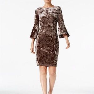 Calvin Klein Taupe Brown Velvet 3/4 Long Bell Sleeve Sheath Dress size 12.
